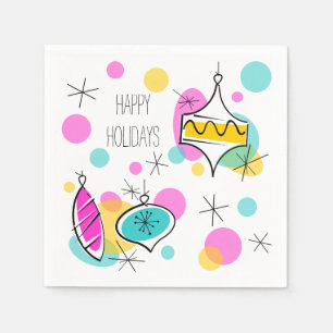 Retro Tree Baubles Happy Holidays paper napkins