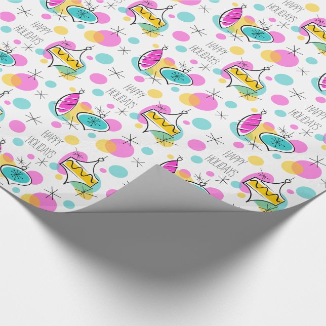 Retro Tree Baubles Happy Holidays wrapping paper (Corner)