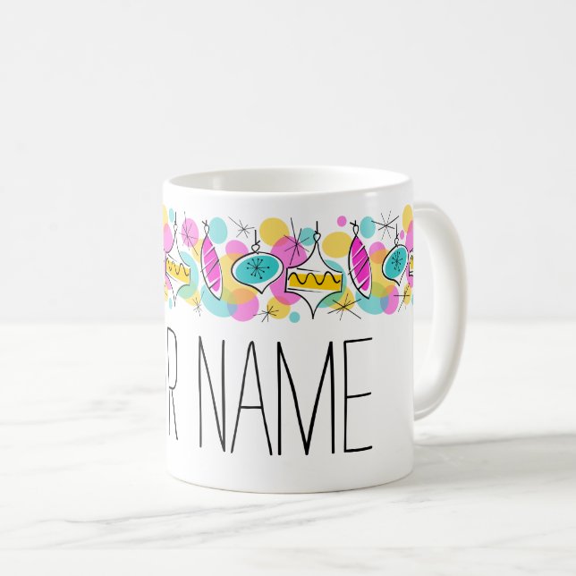 Retro Tree Baubles Line Name mug (Front Right)