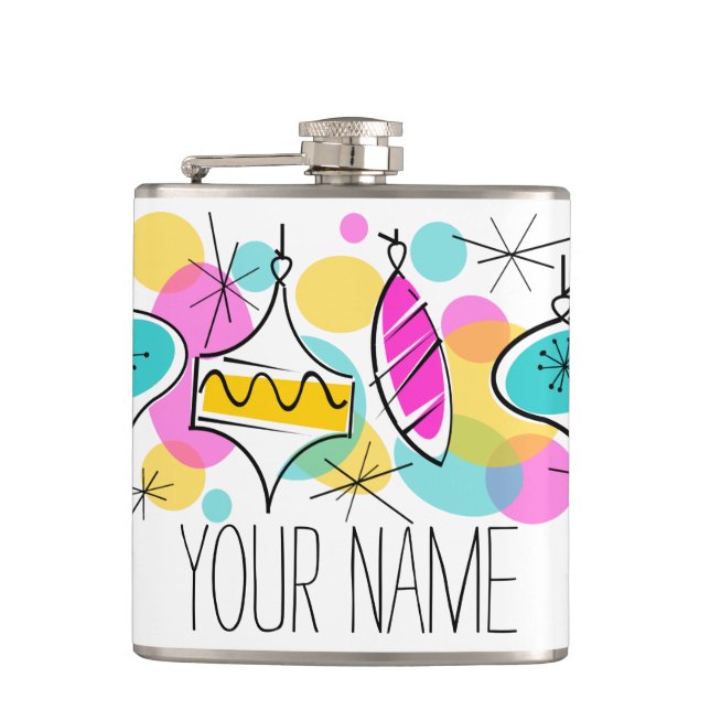 Retro Tree Baubles Name flask (Front)