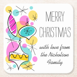 Retro Tree Baubles Side Christmas Text square Paper Coaster