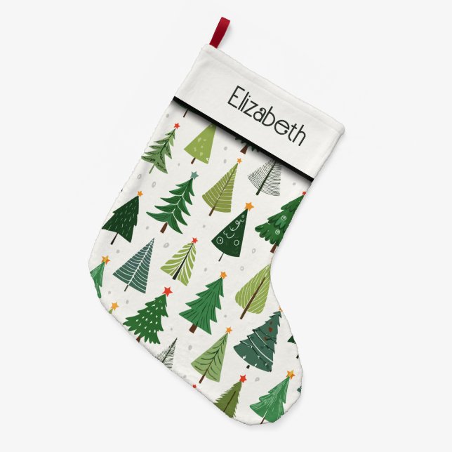 Retro Trees Large Christmas Stocking (Front (Hanging))