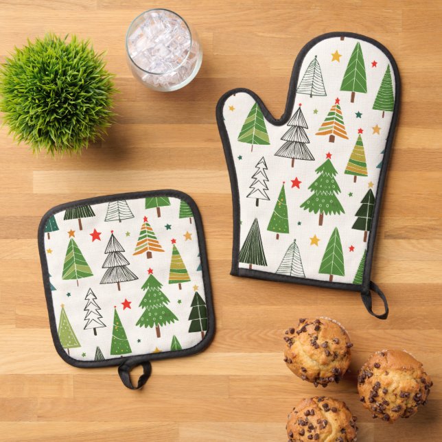 Retro Trees Oven Mitt & Pot Holder Set (Top Down)
