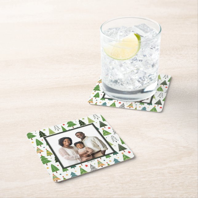 Retro Trees Square Paper Coaster (Insitu)