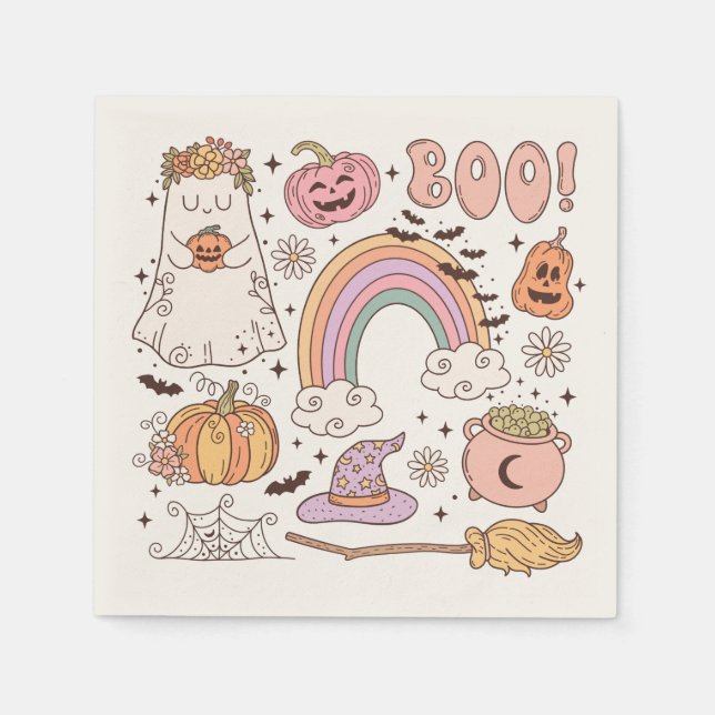 Retro Trendy Cute Halloween Elements Ghost Pumpkin Napkin (Front)