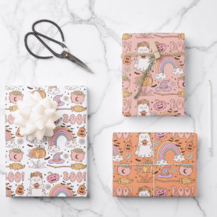 Retro Trendy Cute Halloween Elements Ghost Pumpkin Wrapping Paper Sheet