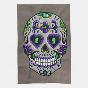 Retro Trendy Day of the Dead Sugar Skull Tea Towel