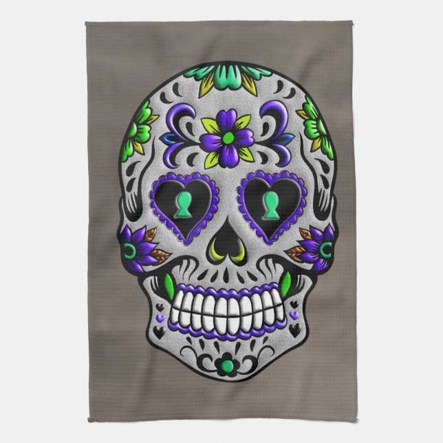 Retro Trendy Day of the Dead Sugar Skull Tea Towel (Vertical)