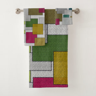 Retro Trendy Geometric Green Yellow Bath Towel Set