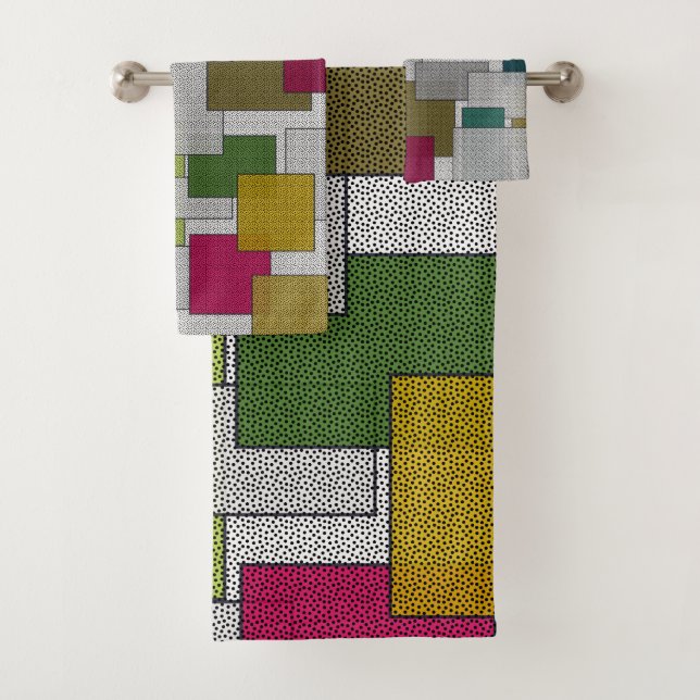 Retro Trendy Geometric Green Yellow Bath Towel Set (Insitu)