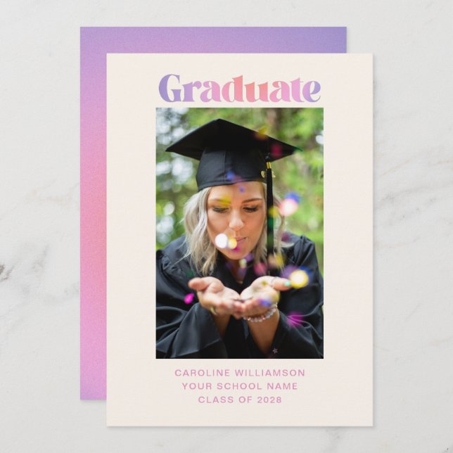 Retro Trendy Pastel Purple Pink Graduation Photo Announcement (Front/Back)