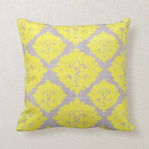 Retro Trendy Yellow & Grey Damask Pattern Pillow