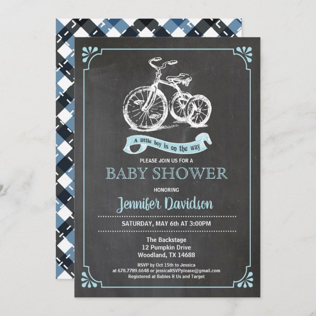 Retro trike baby boy shower invitation. It's a boy Invitation (Front/Back)