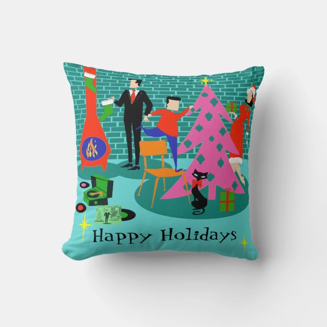 Retro Trimming the Christmas Tree Throw Pillow (Front)