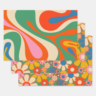 Retro Trippy Colourful Flowers and Swirls Wrapping Paper Sheet