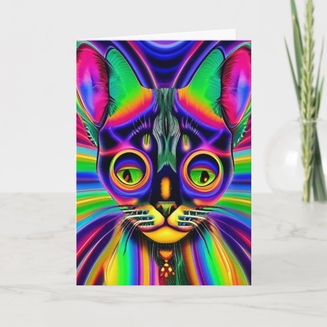 Retro Trippy Psychedelic Hippy Groovy Minx Cat Holiday Card (Front)