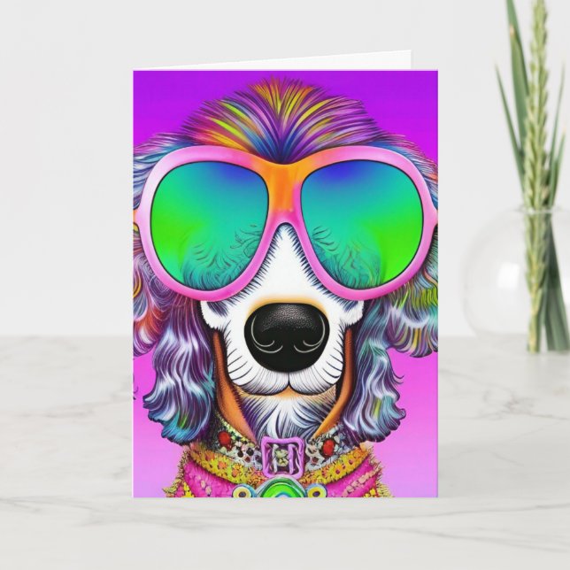 Retro Trippy Psychedelic Hippy Groovy Poodle Dog Holiday Card (Front)