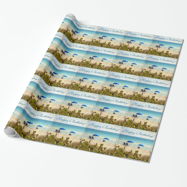 Retro Tropical Beach Birthday Wrapping Paper (Unrolled)