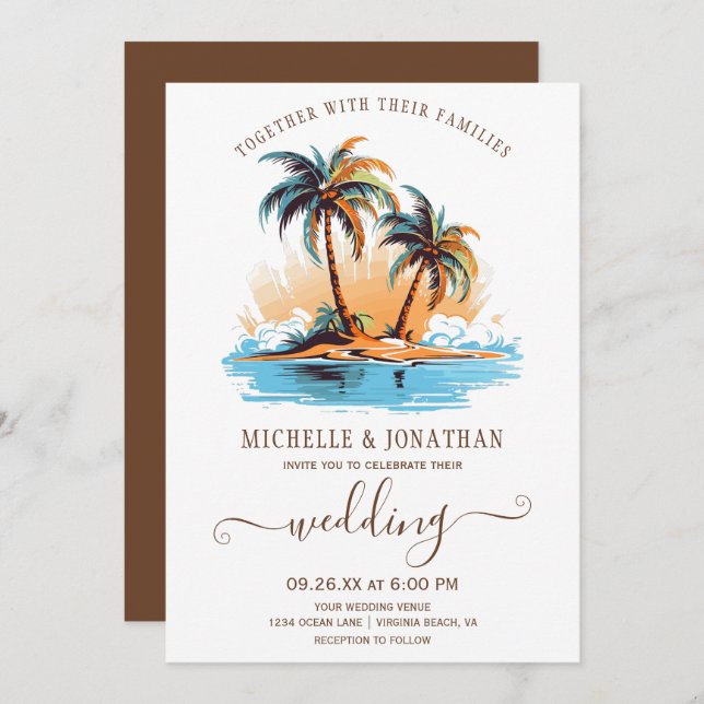 Retro Tropical Beach Destination Wedding Invitation (Front/Back)