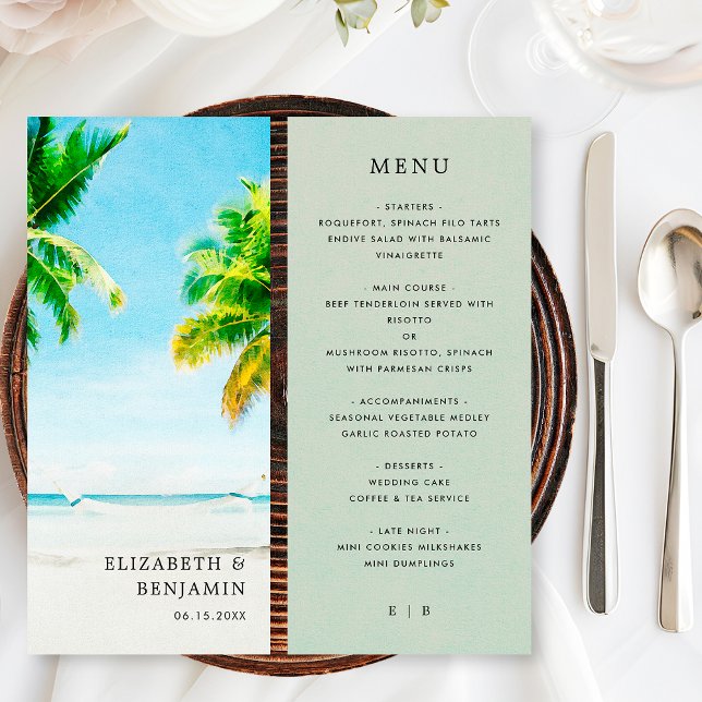 Retro Tropical Beach Palm Tree Coastal Wedding Menu (Creator Uploaded)