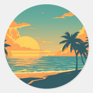 Retro Tropical Beach Sunset Classic Round Sticker