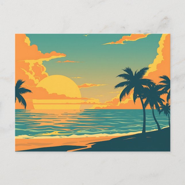 Retro Tropical Beach Sunset Postcard (Front)