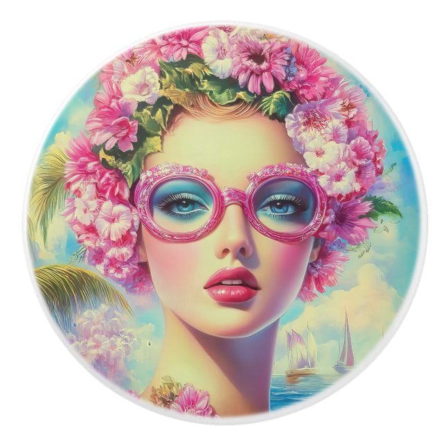 Retro Tropical Beauty  Ceramic Knob (Front)