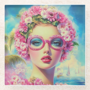 Retro Tropical Beauty Glass Coaster