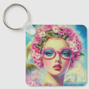 Retro Tropical Beauty Key Ring