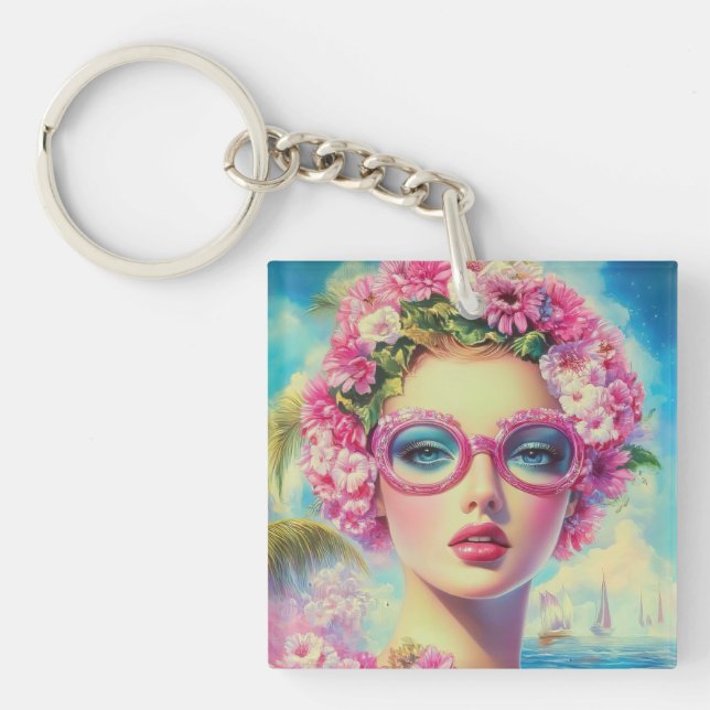 Retro Tropical Beauty  Key Ring (Front)