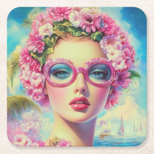 Retro Tropical Beauty  Square Paper Coaster