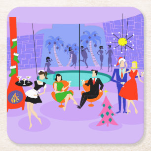 Retro Tropical Christmas Party Paper Coaster
