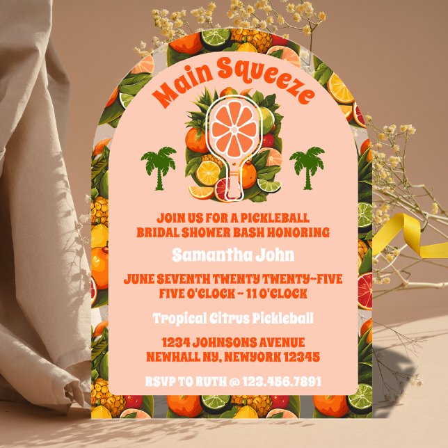 Retro Tropical Citrus Pickleball Bridal Shower Acrylic Invitations (Creator Uploaded)
