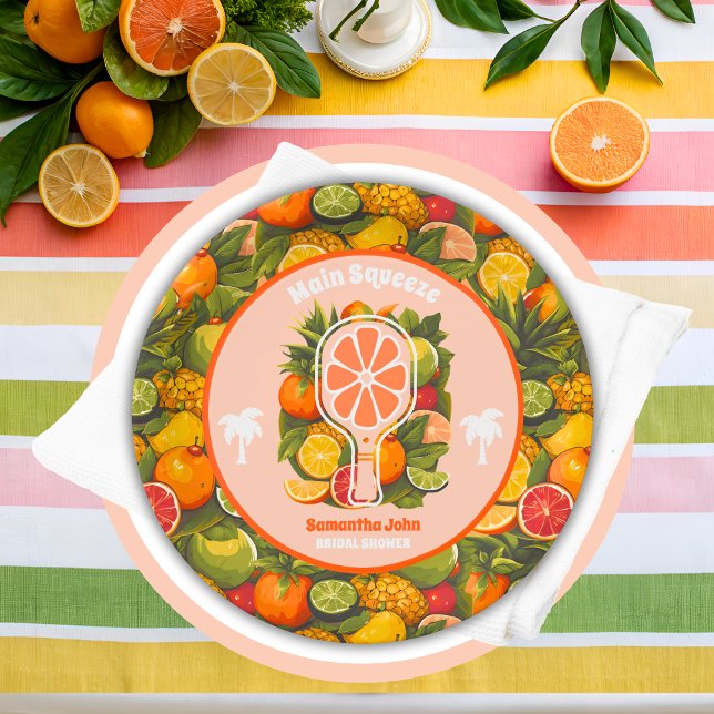 Retro Tropical Citrus Pickleball Bridal Shower  Paper Plate (Creator Uploaded)