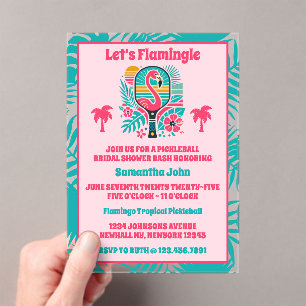 Retro Tropical Flamingo Pickleball Bridal Shower Acrylic Invitations