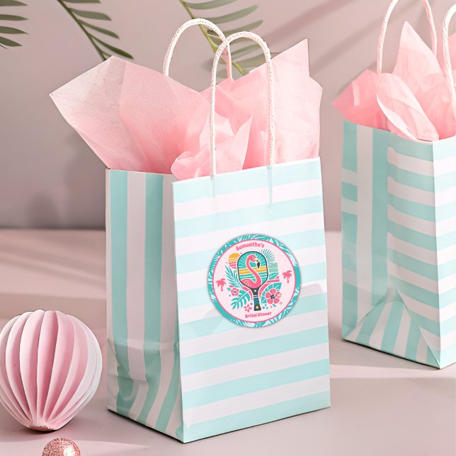 Retro Tropical Flamingo Pickleball Bridal Shower Classic Round Sticker (Creator Uploaded)