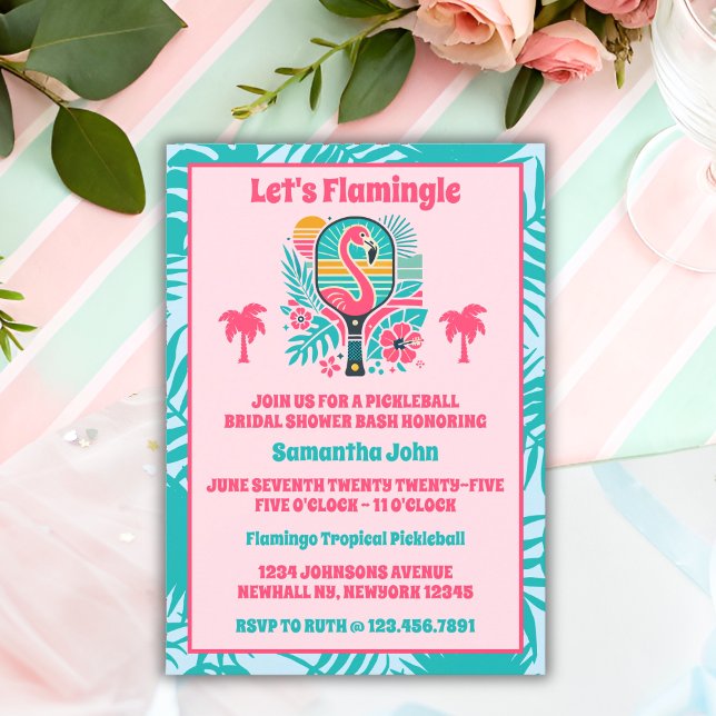 Retro Tropical Flamingo Pickleball Bridal Shower Invitation (Bridal Shower Invitation)