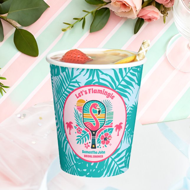 Retro Tropical Flamingo Pickleball Bridal Shower Paper Cups (Creator Uploaded)