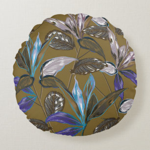 Retro Tropical forest botanical Motifs scattered r Round Cushion