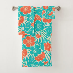 Retro Tropical Hibiscus and Palm Island Art Bath Towel Set