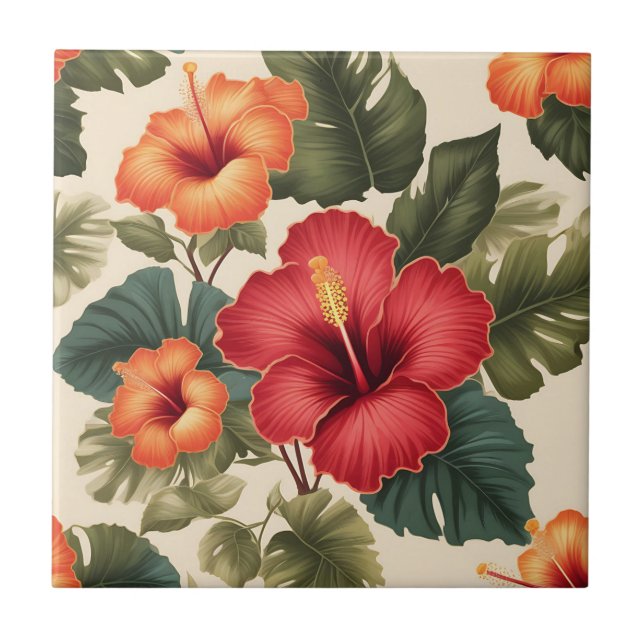 Retro Tropical Hibiscus Flowers Ceramic Tile (Front)