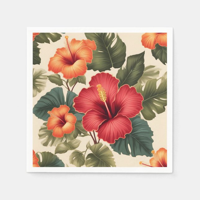 Retro Tropical Hibiscus Flowers Napkin (Front)