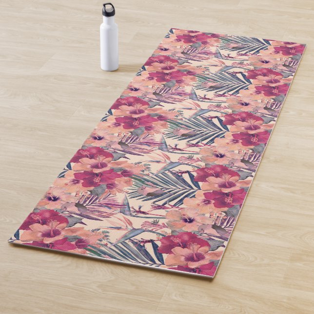 Retro Tropical Hibiscus Wren Pattern  Yoga Mat (In Situ)