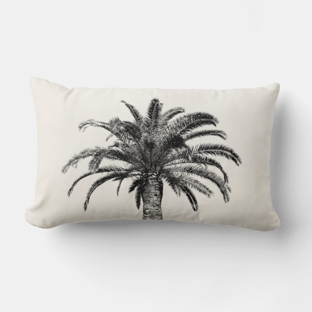 Retro Tropical Island Palm Tree in Black and White Lumbar Cushion (Front)