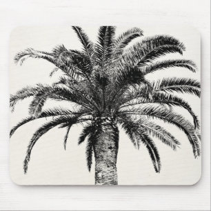 Retro Tropical Island Palm Tree in Black and White Mouse Pad