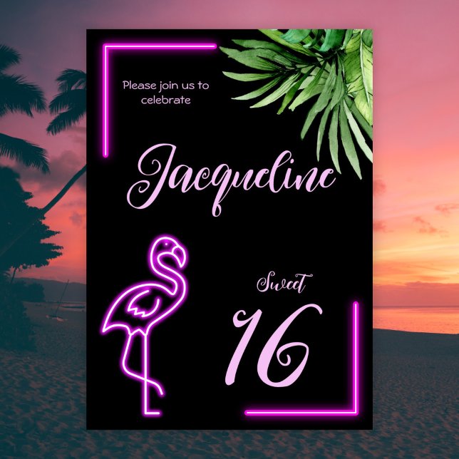 Retro tropical neon flamingo sweet 16th birthday invitation (Creator Uploaded)