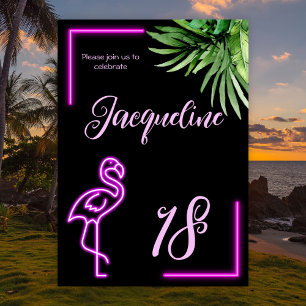 Retro tropical neon pink flamingo 18th birthday invitation