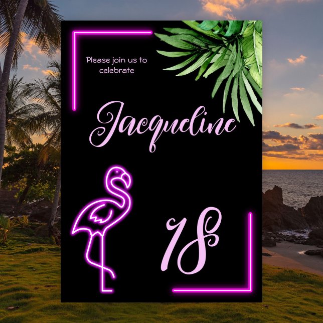 Retro tropical neon pink flamingo 18th birthday invitation (Creator Uploaded)