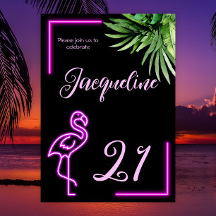 Retro tropical neon pink flamingo 21st birthday invitation