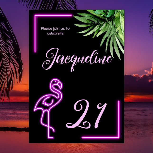 Retro tropical neon pink flamingo 21st birthday invitation (Creator Uploaded)